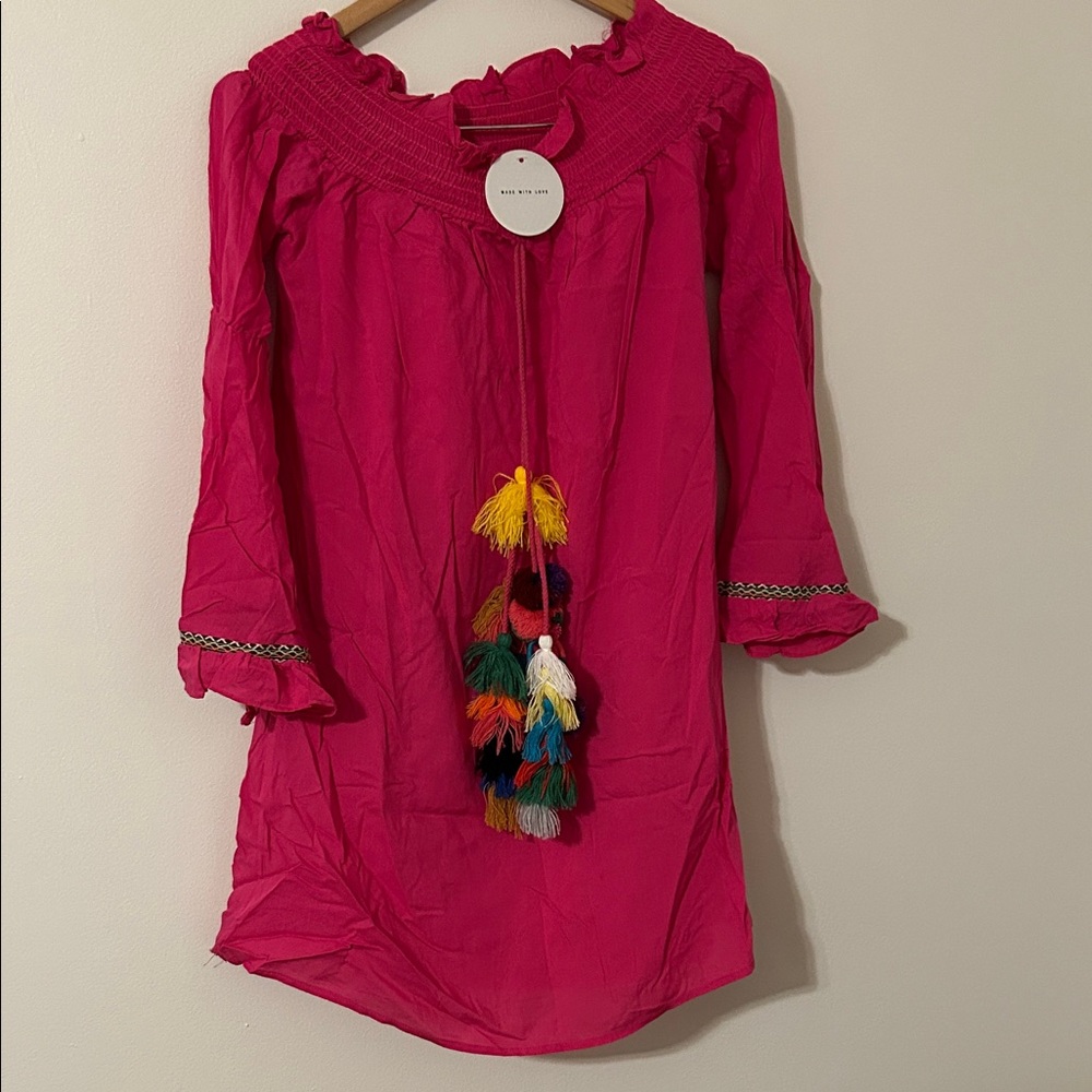 NWT Tea n Cup Hot Pink Tassel Peasant BOHO Dress Womens Juniors Size Small